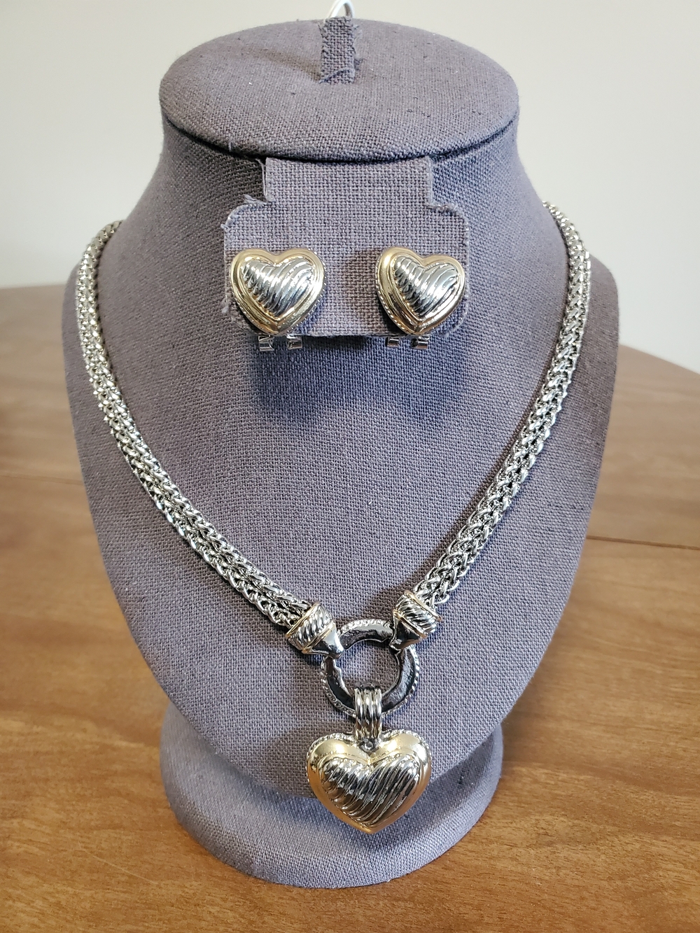 Silver-Tone Heart Pendant Necklace & Clip-On Earrings Set